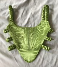 Load image into Gallery viewer, Green satin side-scrunch corset