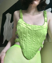 Load image into Gallery viewer, Green satin side-scrunch corset