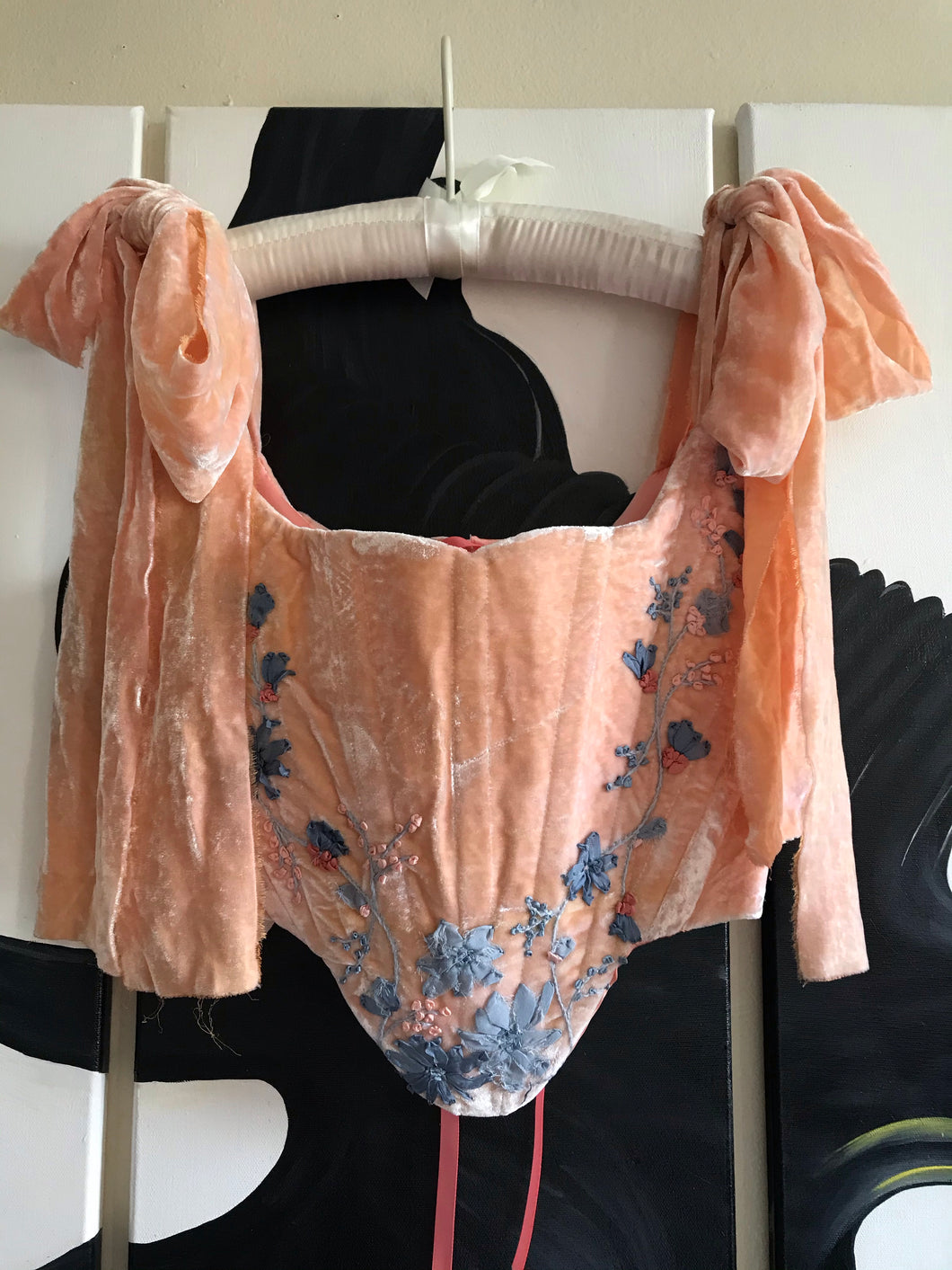 Peach silk velvet embroidery corset